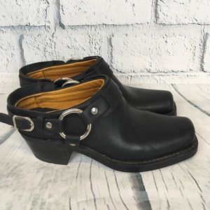 Frye Black Belted Harness Mules Biker Boot Sz 6.5